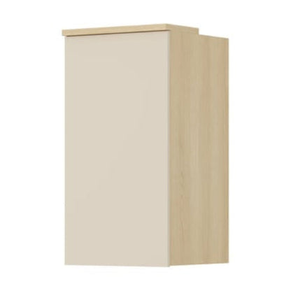 Small cabinet with a white front and wooden sides on a white background