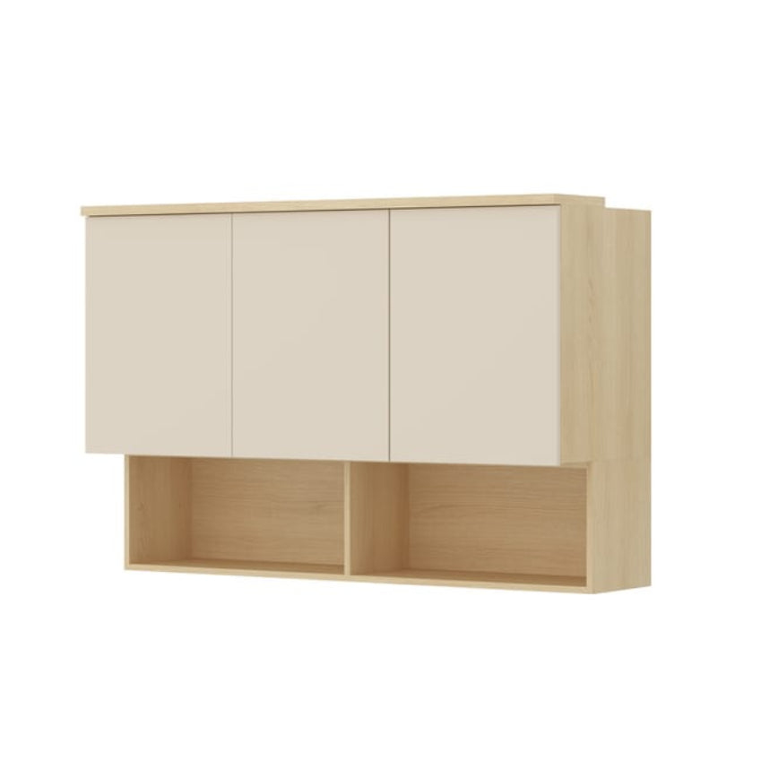 Wooden cabinet with two doors and a shelf on a white background