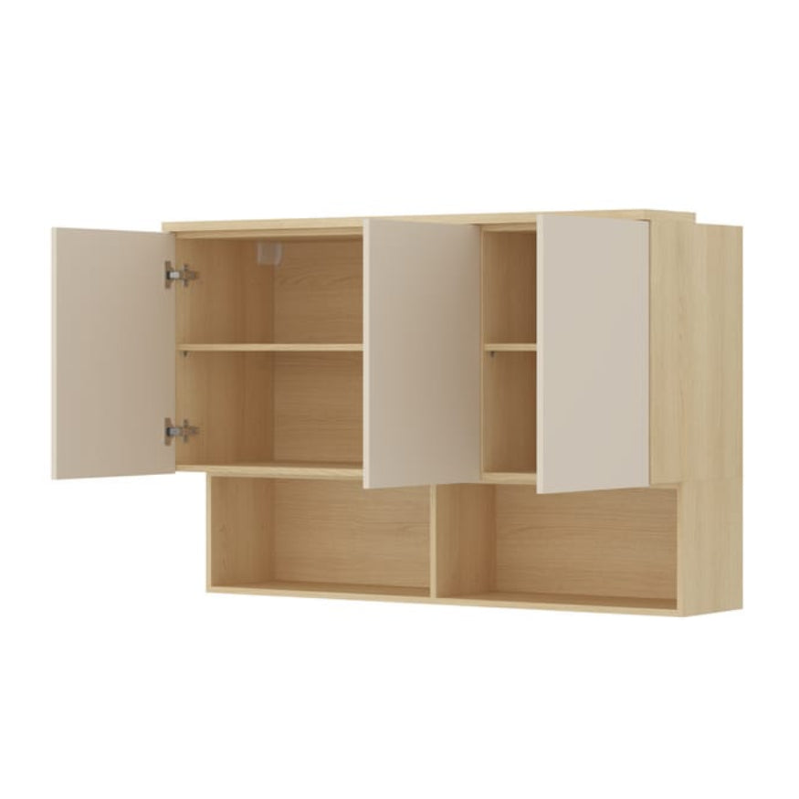 Wooden cabinet with open doors on a white background