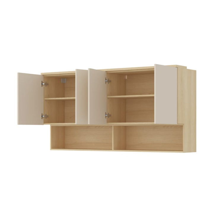 Wooden cabinet with open doors on a white background