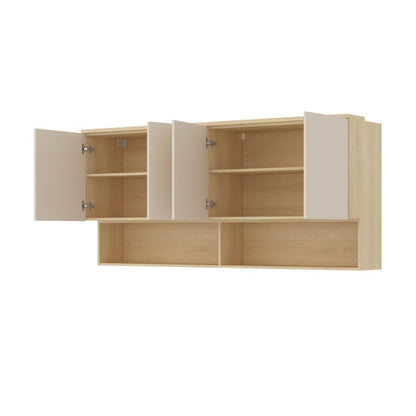 Wooden cabinet with open doors on a white background