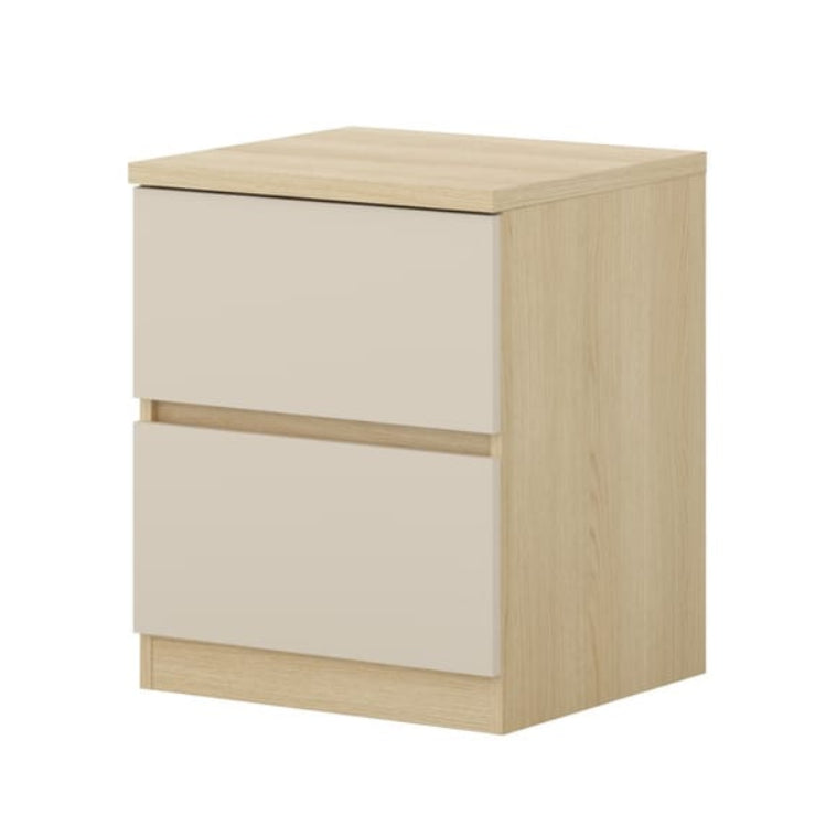 Wooden nightstand with two drawers on a white background