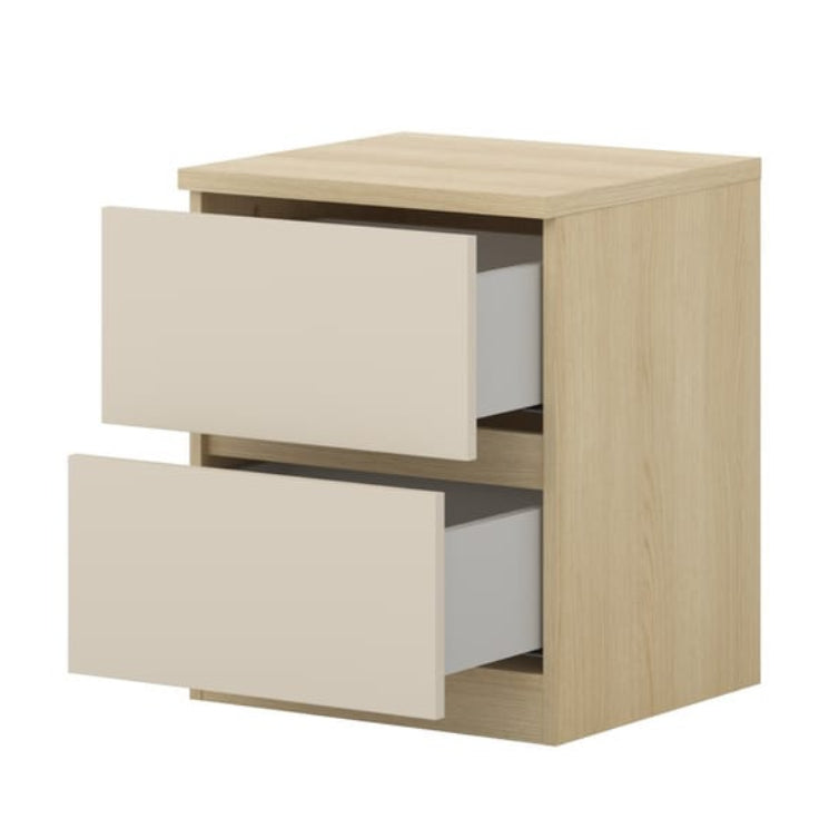 Wooden drawer unit with two drawers on a white background