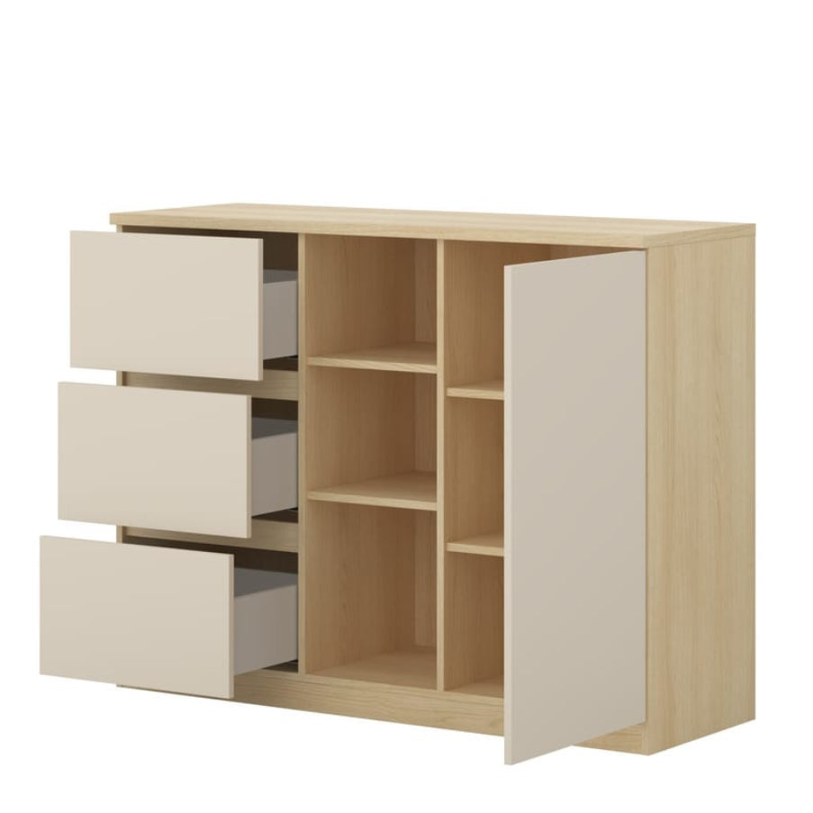 Wooden cabinet with white doors and drawers on a white background