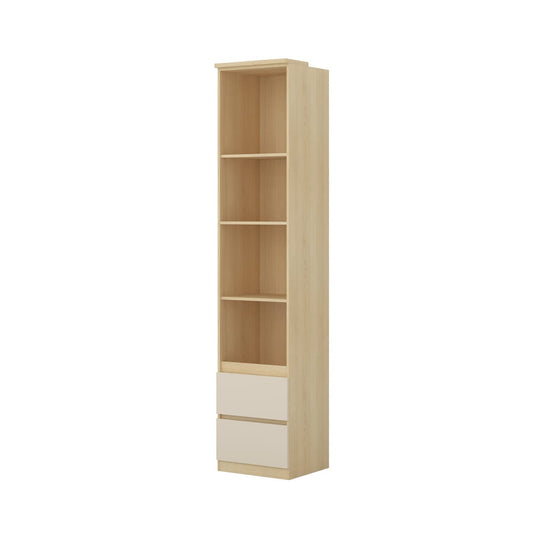 Tall wooden bookshelf with two white drawers on a white background
