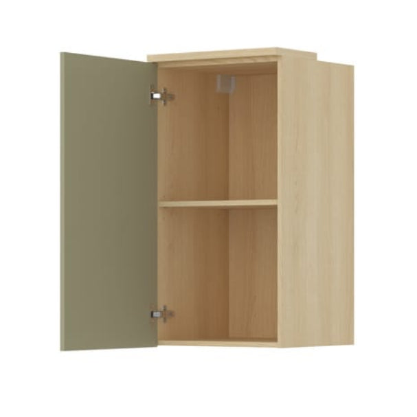 Beige wall cabinet with a single open door on a white background