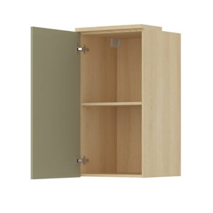 Beige wall cabinet with a single open door on a white background