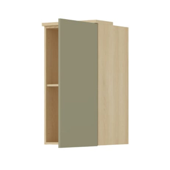 Wall-mounted cabinet with a green door and beige frame on a white background