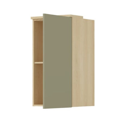 Wall-mounted cabinet with a green door and beige frame on a white background