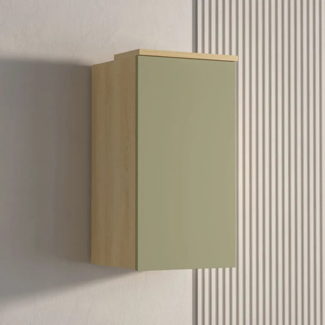 Wall-mounted cabinet with green door and wooden frame against a neutral wall.