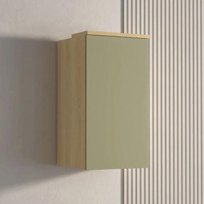 Wall-mounted cabinet with green door and wooden frame against a neutral wall.
