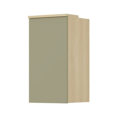 Small cabinet with a green door and beige body on a white background