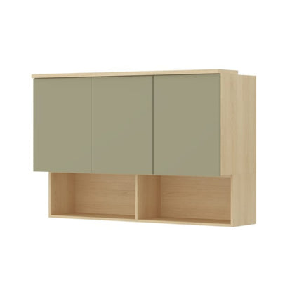 Wall-mounted cabinet with green doors and a wooden shelf on a white background