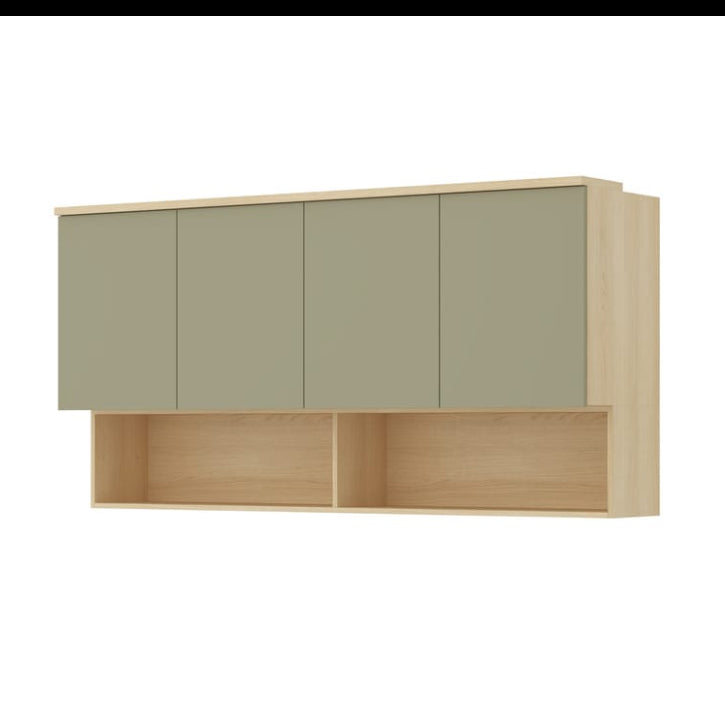Wall-mounted cabinet with green doors and wooden shelf on a white background