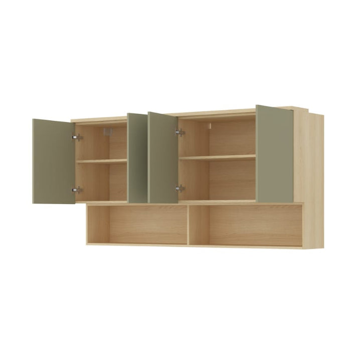 Wooden cabinet with open doors on a white background