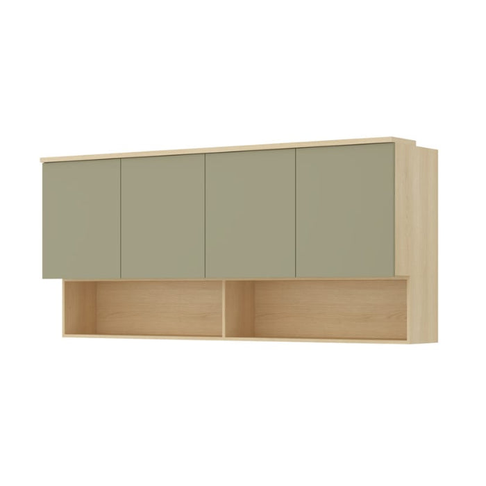 Wall-mounted cabinet with light wood frame and green doors on a white background
