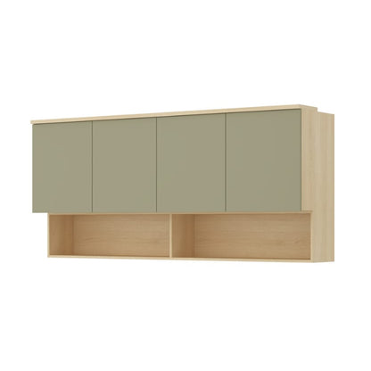 Wall-mounted cabinet with light wood frame and green doors on a white background
