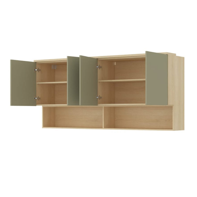 Wooden cabinet with open doors on a white background