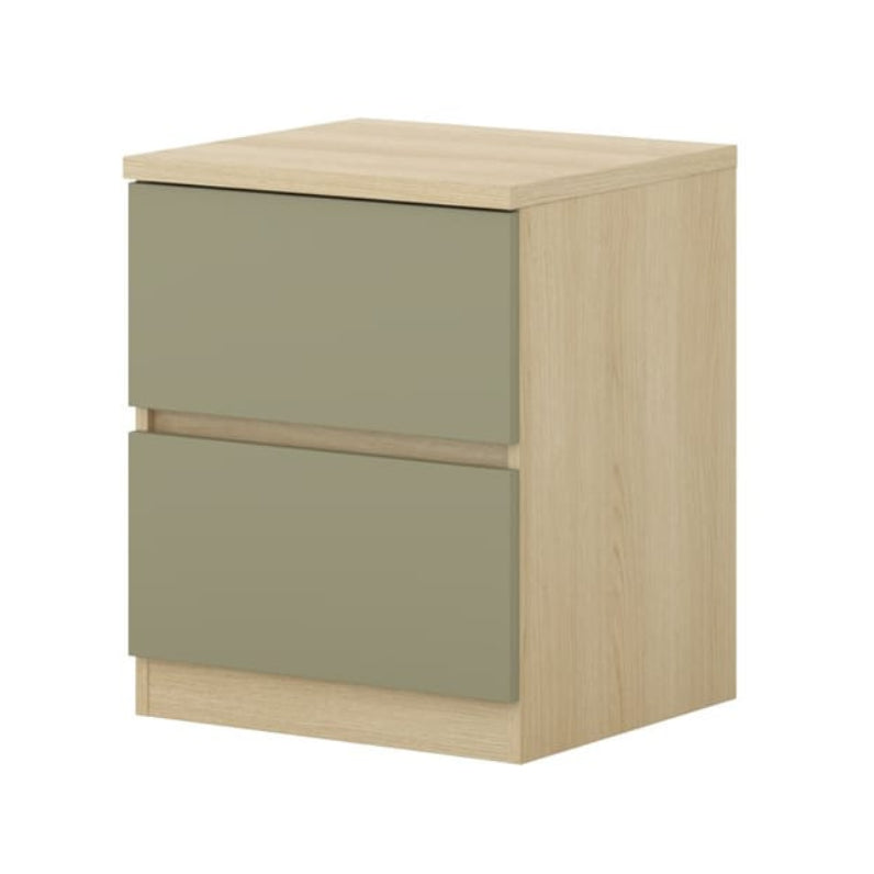 Two-drawer cabinet with one drawer open on a white background