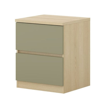 Two-drawer cabinet with one drawer open on a white background