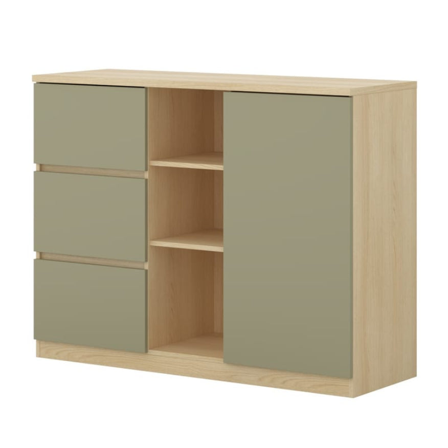 Wooden cabinet with green doors and drawers on a white background