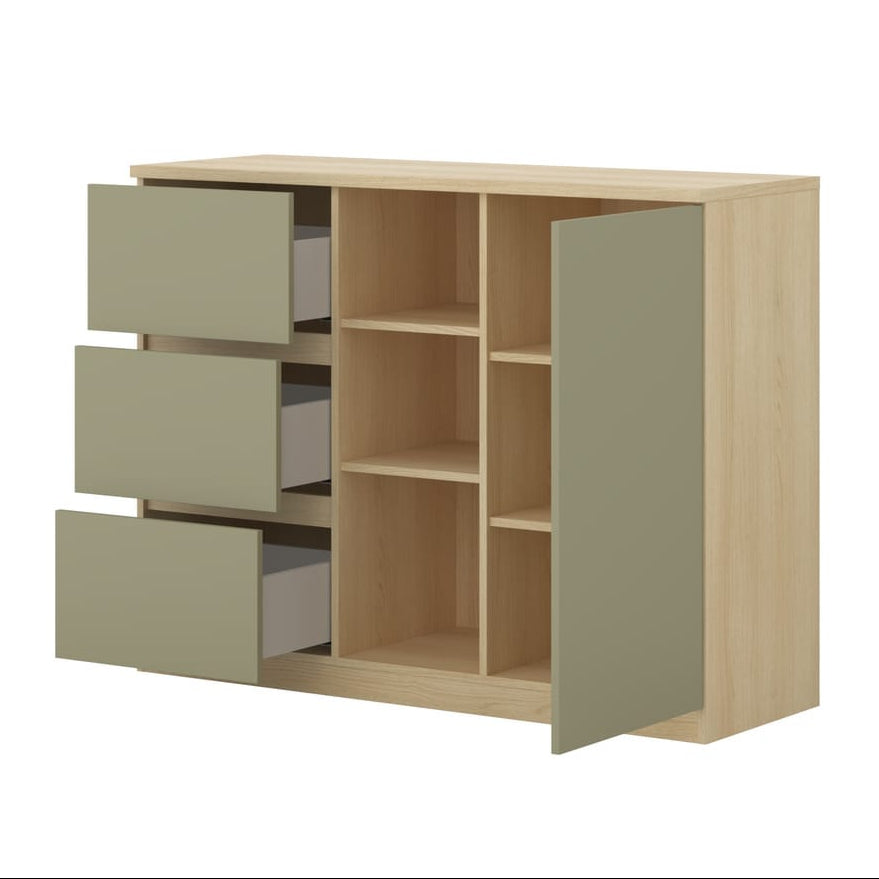 Wooden cabinet with green doors and drawers on a white background