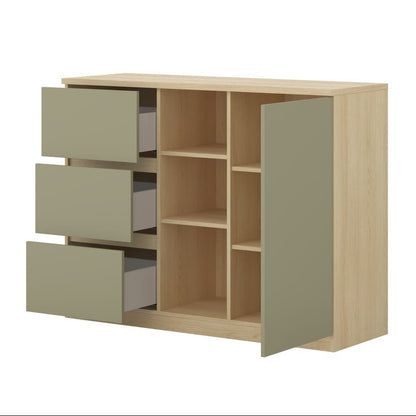 Wooden cabinet with green doors and drawers on a white background