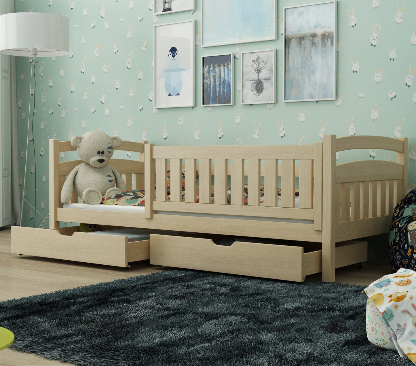 Children's room with a wooden bed and teddy bear, light green walls, and a rug.