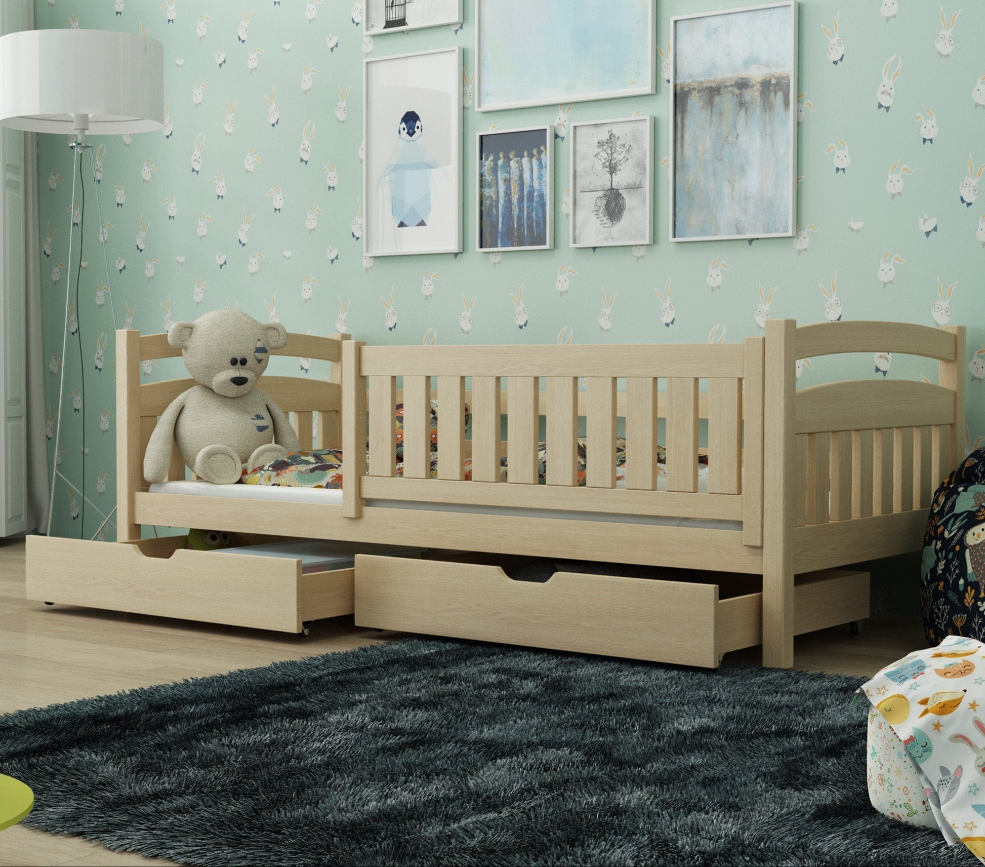 Children's room with a wooden bed and teddy bear, light green walls, and a rug.