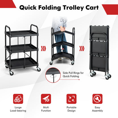 3 Tiers Folding Tool Trolley with Lockable Wheels and Tool Grooves