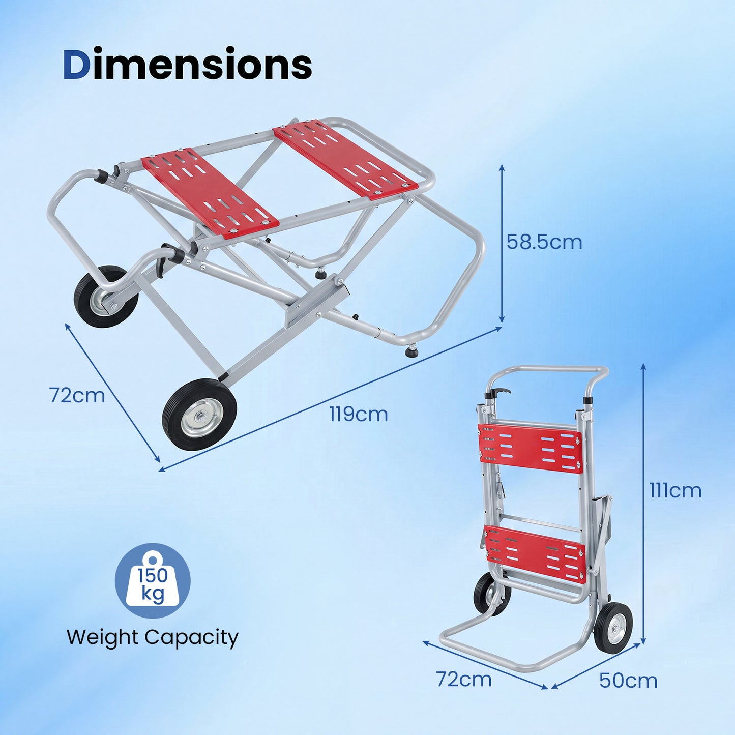 Rolling Foldable Heavy Duty Metal Base with 20cm Rubber Wheels-Red