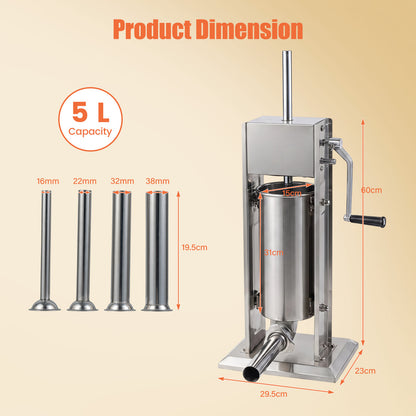 Stainless Steel Meat Filling Machine with 2 Speeds and 4 Stuffing Tubes for Home-5L