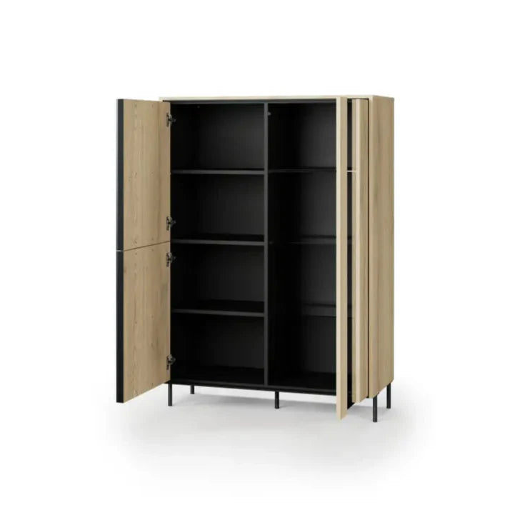 Beige storage cabinet with open doors on a white background