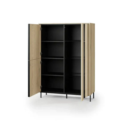 Beige storage cabinet with open doors on a white background