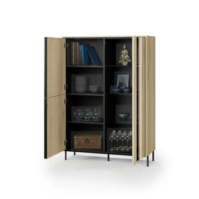 Beige storage cabinet with open doors on a white background