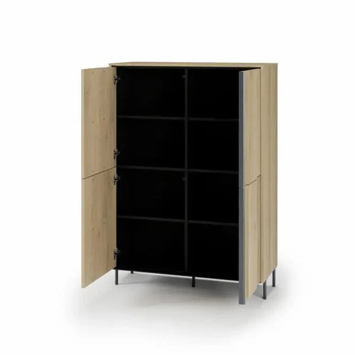 Modular shelving unit with black interior and oak exterior on a white background