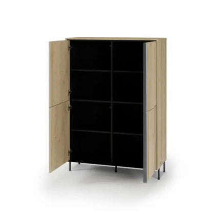 Modular shelving unit with black interior and oak exterior on a white background