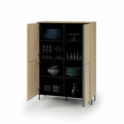 Cabinet with open doors displaying various items on a white background
