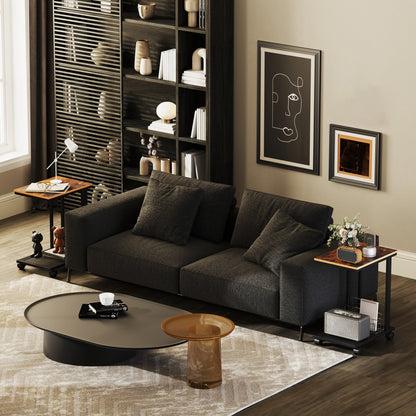 HOMCOM C Shaped Side Table Set of 2 with Wheels, Mobile End Table, Laptop Stand with Metal Frame and Storage Shelf, Rustic Brown