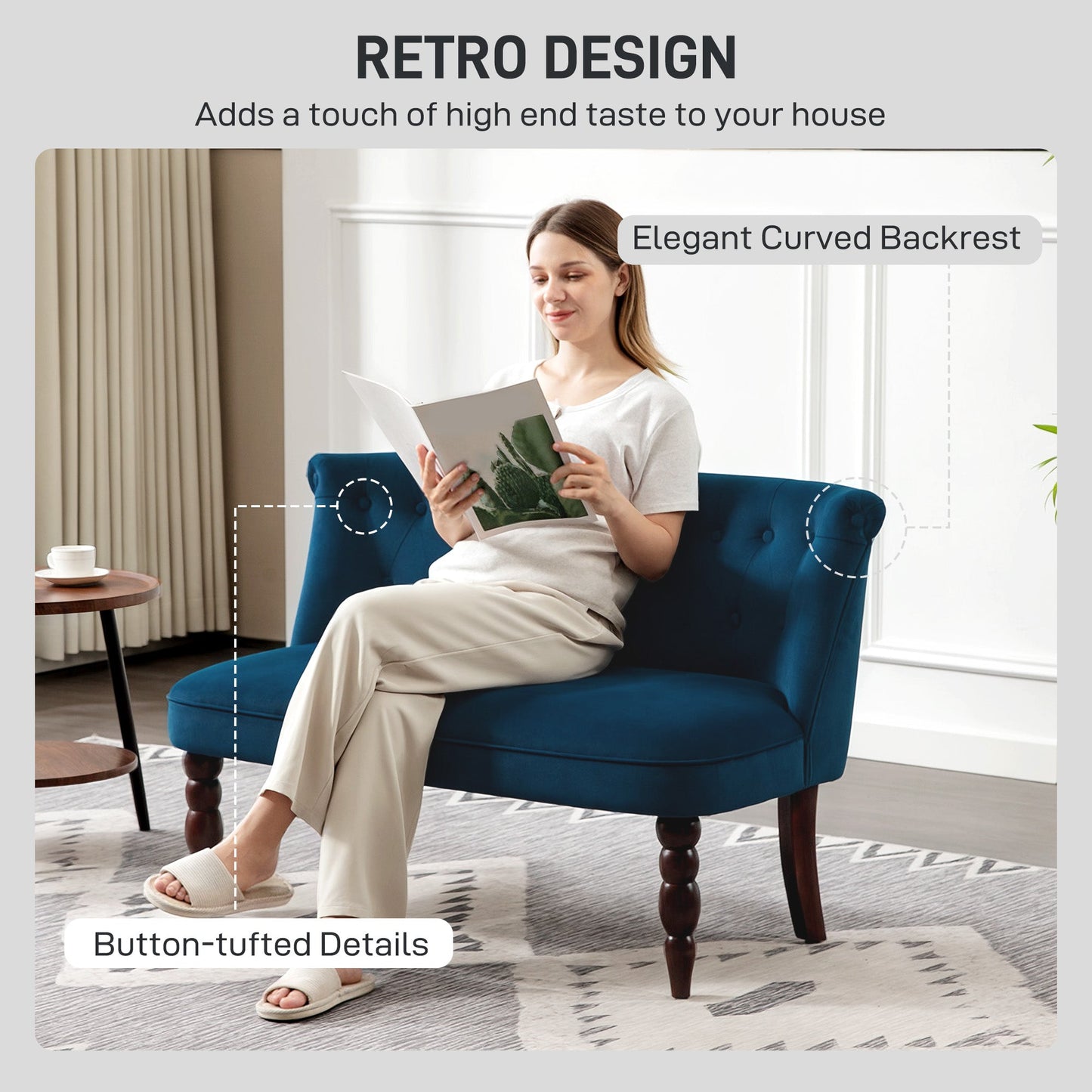 HOMCOM Velvet 2 Seater Sofa, Button Tufted Wingback Loveseat with Rubber Wood Legs for Living Room, Bedroom, Dark Blue