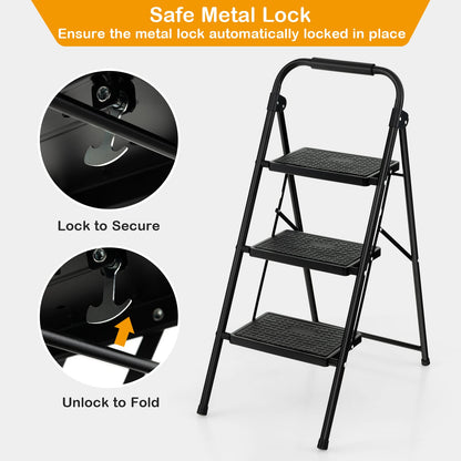 Folding Portable 3 Step Ladder with Anti-Slip Pedal and Handle-Black