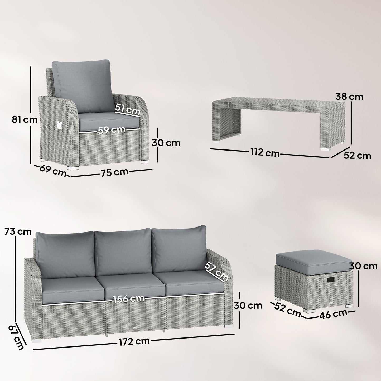 Outsunny Six-piece Rattan Garden Furniture Set with Reclining Armchairs - Dark Grey