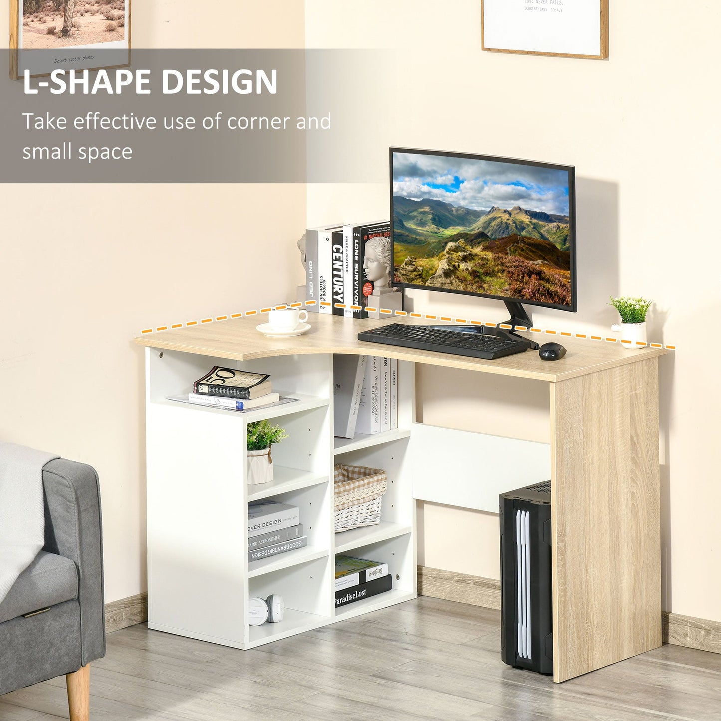 HOMCOM L-Shaped Corner Computer Desk Study Table with Storage Shelf Office Home