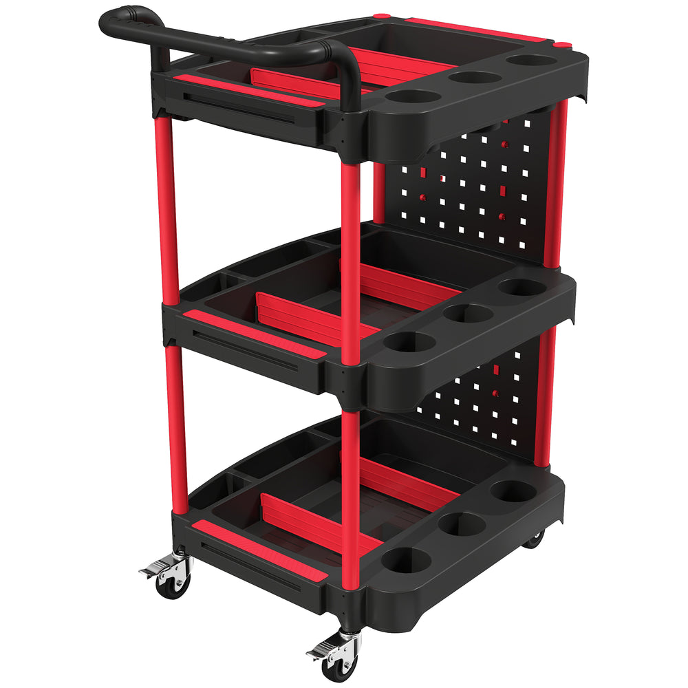 HOMCOM 3-Tier Rolling Tool Cart with Pegboard and Hooks, Storage Trolley Wheel Cart with Brakes, Black & Red