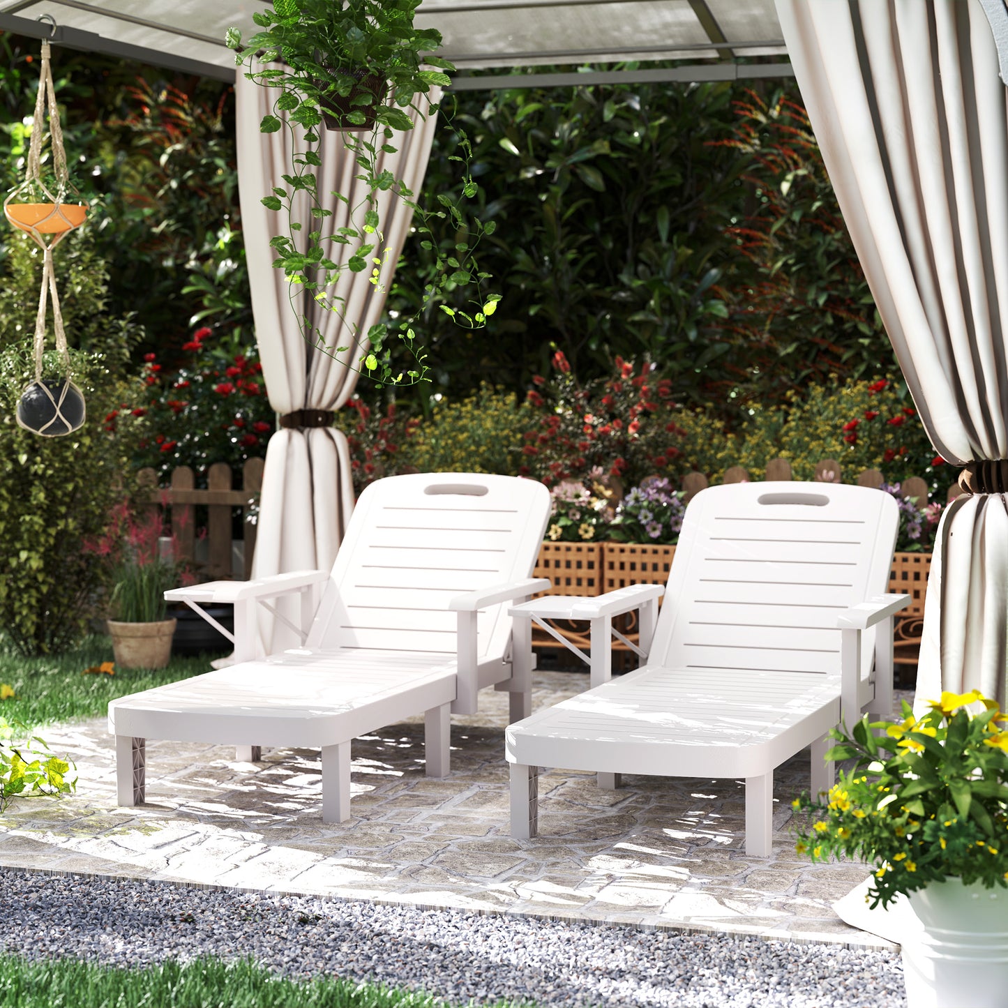 Outsunny Set of 2 Resin Reclining Sun Loungers for Garden, 5 Positions Adjustable Outdoor Chaise Lounge Chairs with Wood Texture Surface, Armrests, Foldable Side Table for Garden, Beach, White