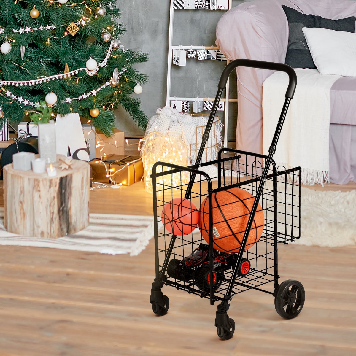 Folding Height Adjustable Shopping Trolley with Handle and Wheels-Black
