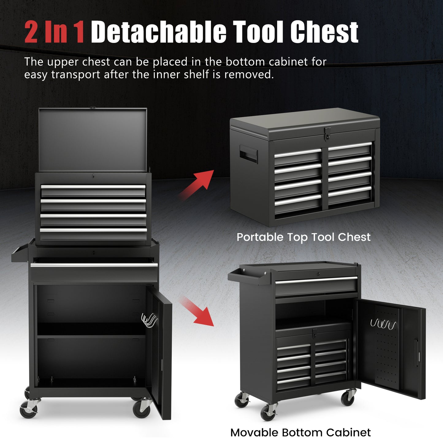 High Capacity Tool Storage Cabinet with Lockable Wheels-Black