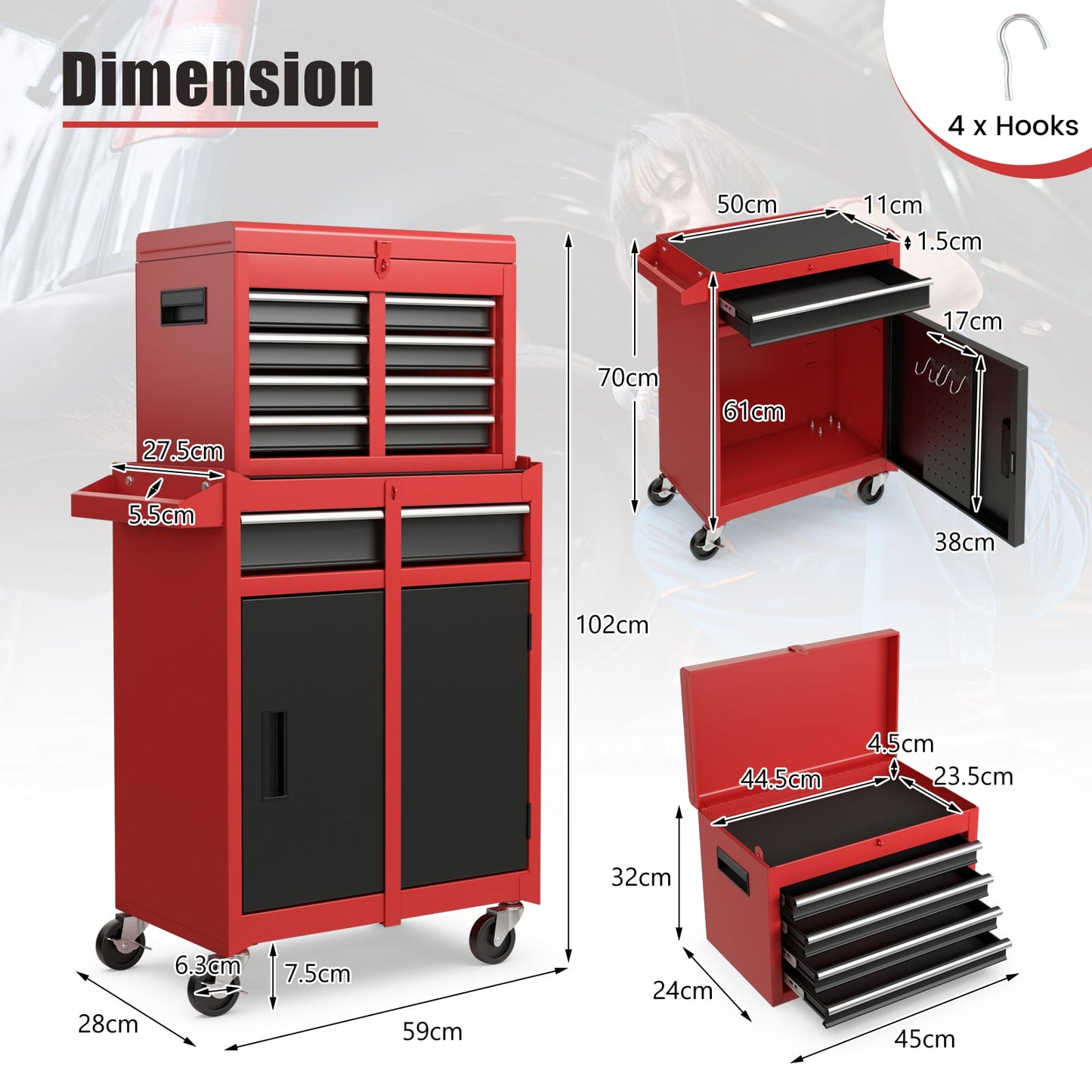 High Capacity Tool Storage Cabinet with Lockable Wheels-Black &amp; Red