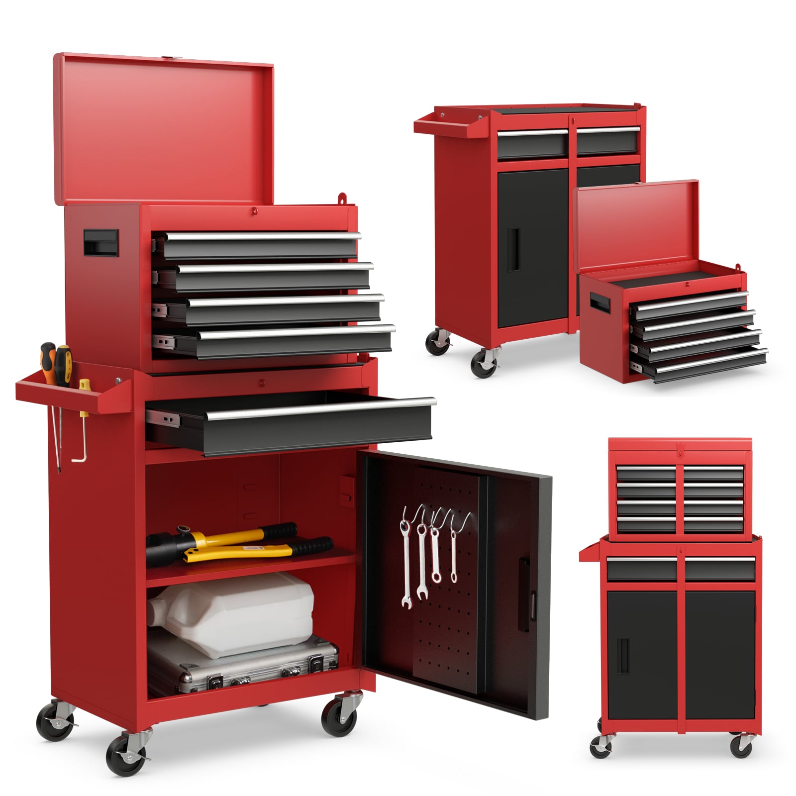 High Capacity Tool Storage Cabinet with Lockable Wheels-Black &amp; Red