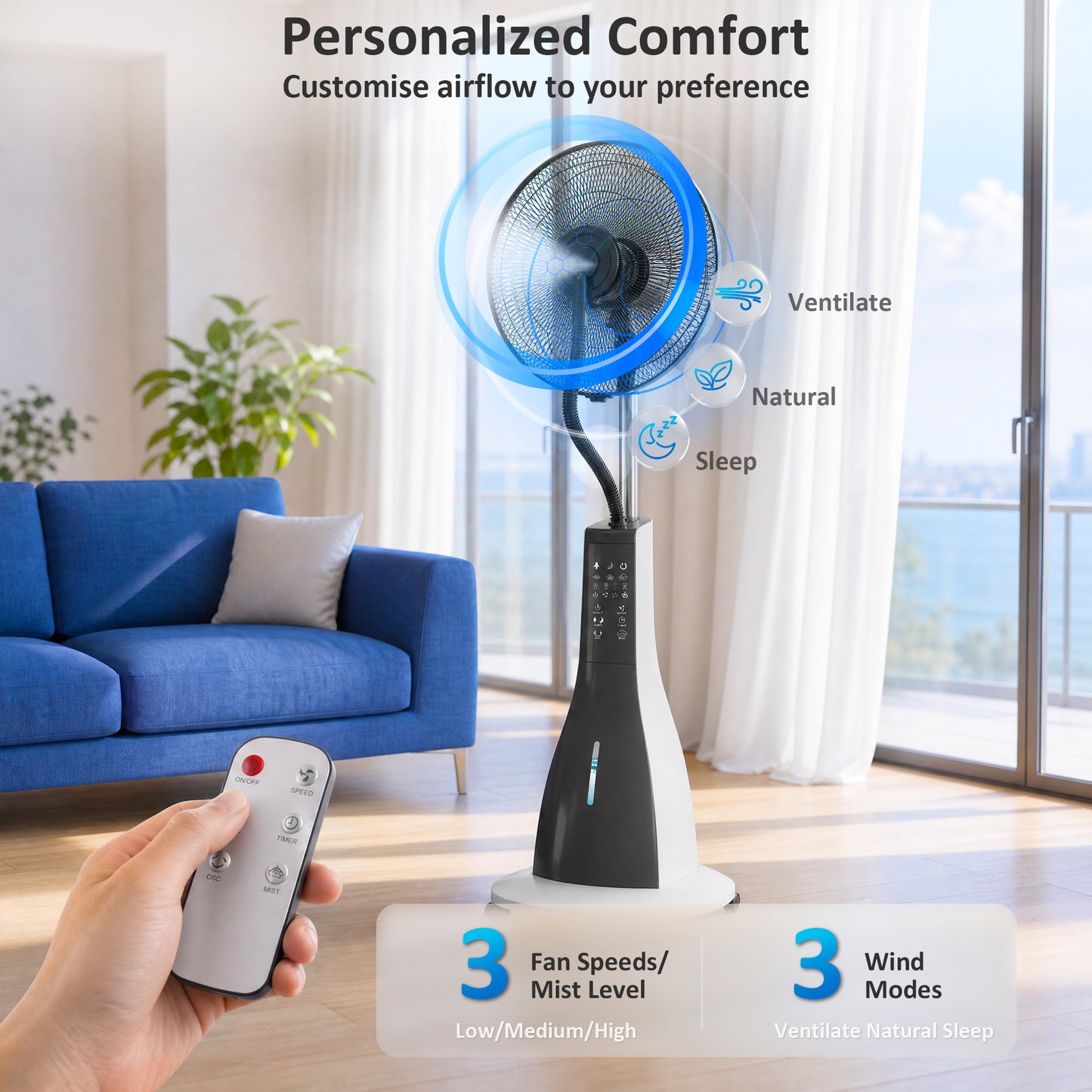 HOMCOM Pedestal Fan with Water Mist Spray, Spray Misting Fan with 75° Oscillation, Remote Control, Tilt Head, 3 Speeds, 3 Modes, 3 Mist, 3L Water Tank, Wheels, for Home, 125 cm
